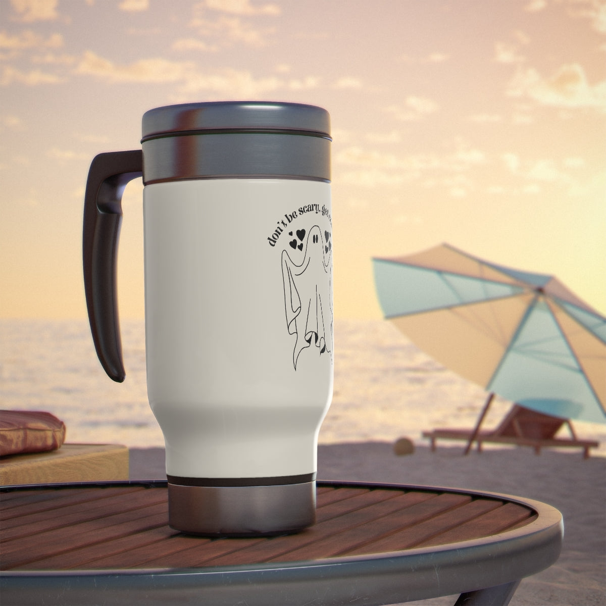 Consent Ghost Guy Stainless Steel Travel Mug with Handle, 14oz