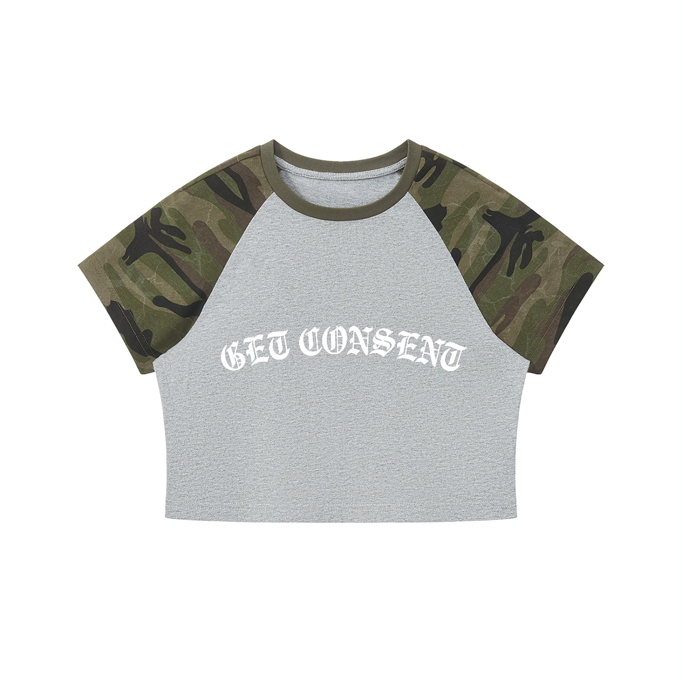 Get Consent Camo Raglan Crop T-Shirt