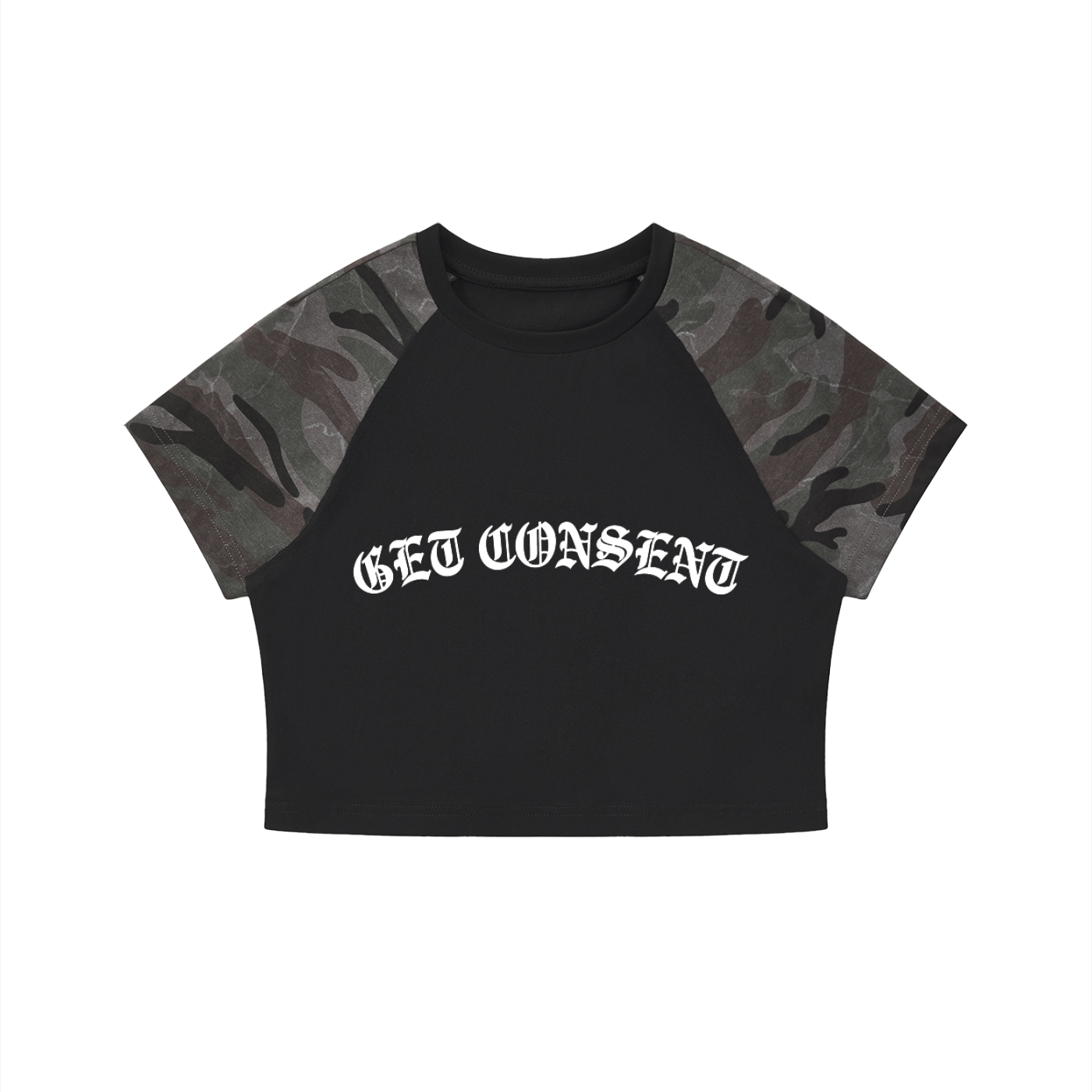 Get Consent Camo Raglan Crop T-Shirt