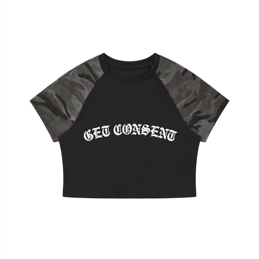 Get Consent Camo Raglan Crop T-Shirt