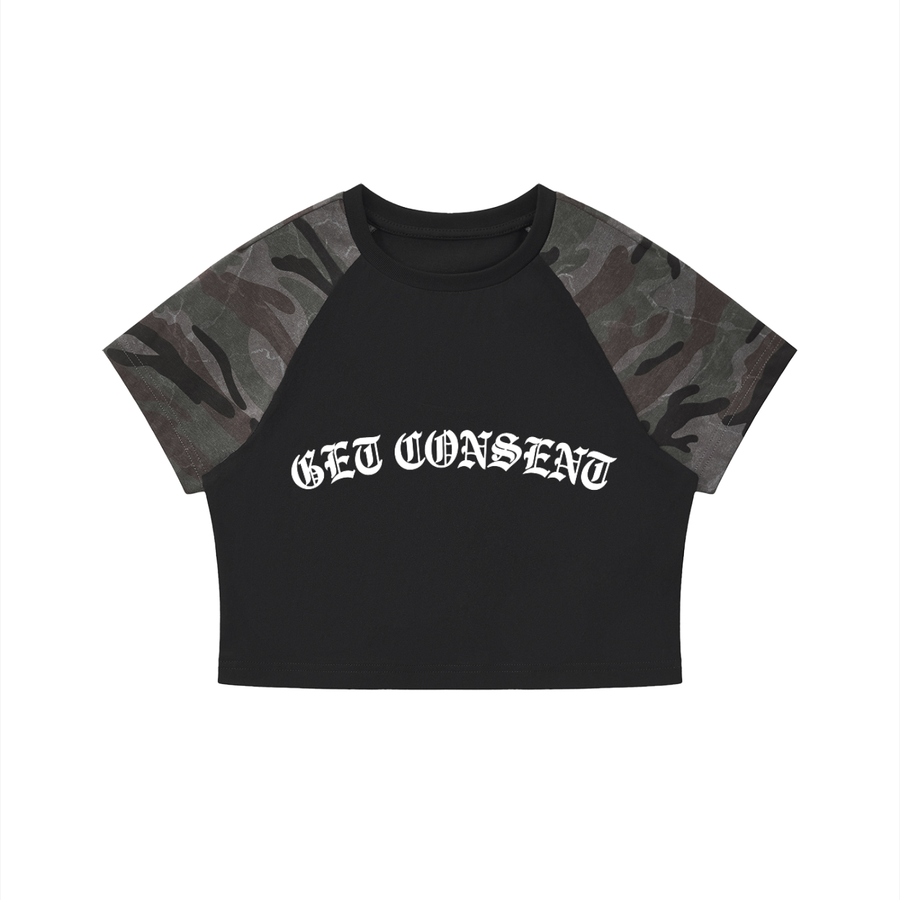 Get Consent Camo Raglan Crop T-Shirt